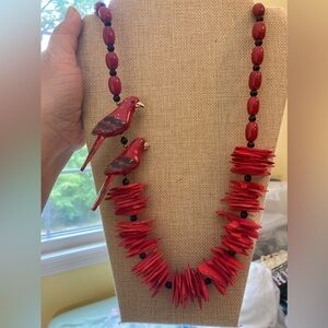 Two Red Wooden Birds Vintage‎ Wood Red Beads Necklace